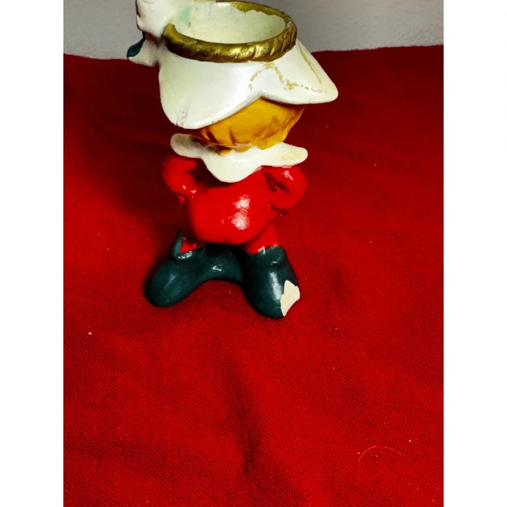 Vintage Lefton Christmas Pixie Elf Candle Holder Figurine Red Green 7049